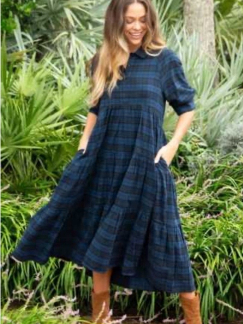 NATURAL LIFE Blue Plaid Maxi Dress with Pockets